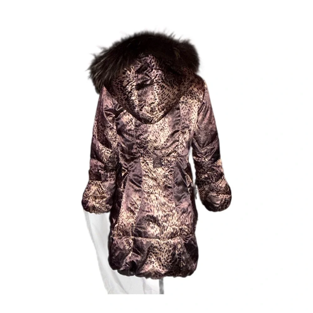 Tuleh Y2K Leopard Print Real Fur Trim Hooded Trench Coat M B35 W31 H38 DAMAGED